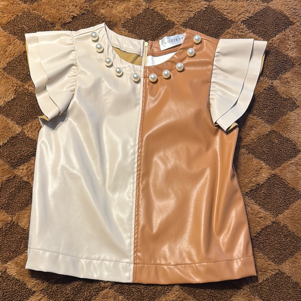 Society Tan Faux Leather Top with Pearl Details